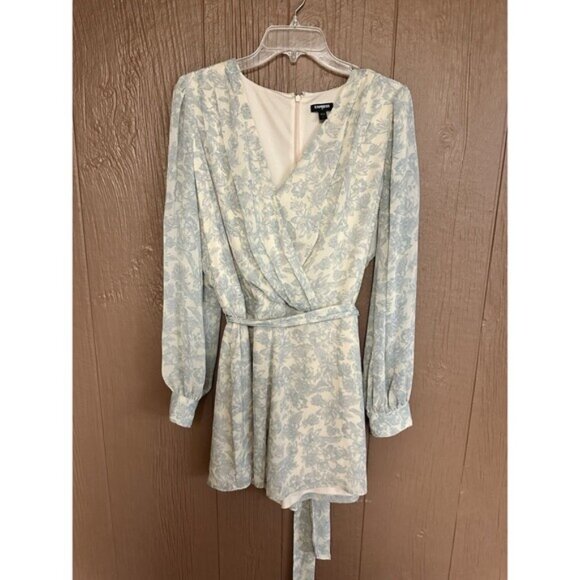 Express Blue & Beige V Neck Floral Long Sleeve‎ Jumpsuit Large Vintage Floral - Picture 1 of 8